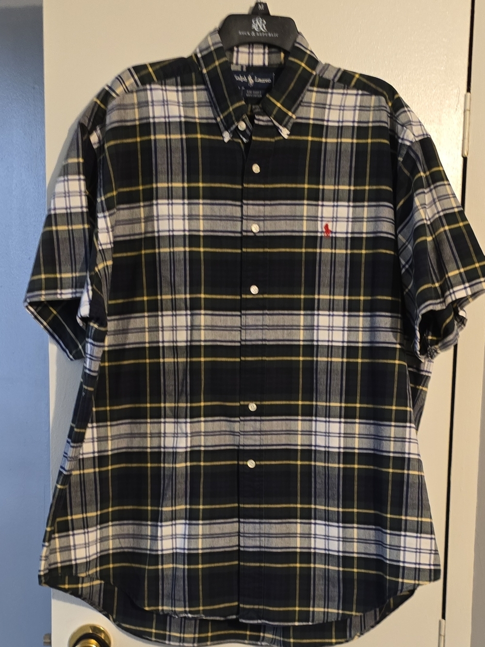 Ralph Lauren Men's Navy Yellow Plaid Cotton Shirt Large Big Shirt Short Sleeve